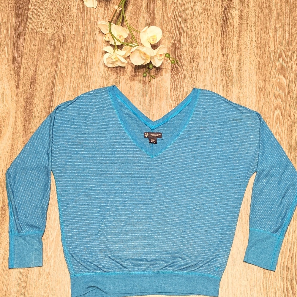 Blue Deep V Neck/Back Long Sleeved Top-M